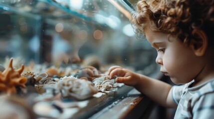 A small child interacts with a seashell display, showcasing their curiosity and hands-on learning. The scene beautifully captures childhood wonder and exploration.