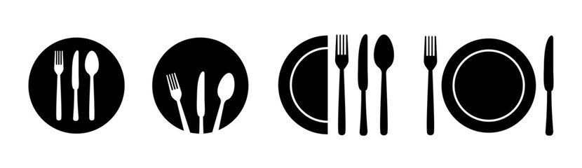 Silverware icons. Fork, knife, plate and spoon. Menu symbol. Black silverware icon. Vector illustration.