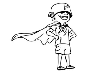 Obraz premium Boy with pot hat wearing cape like a superhero, vector line art illustration