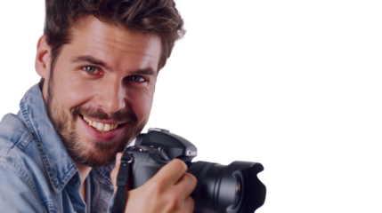 Smiling man photographer is taking images photo with dslr camera