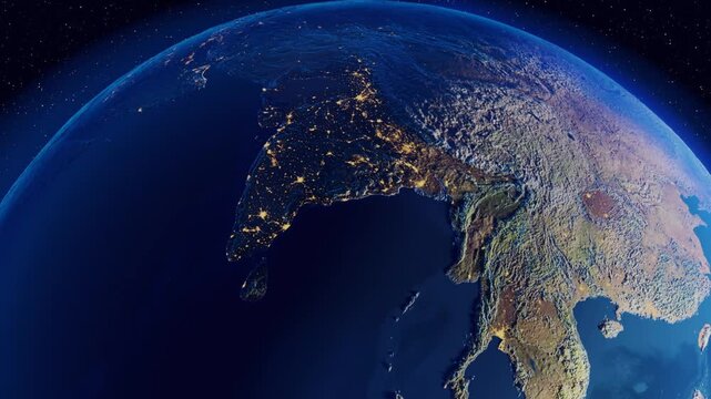 Cinematic space animation of detailed relief globe earth map of India, Bangladesh, Myanmar, Laos, Thailand, Vietnam and Cambodia and part of China. City night lights in south east Asia morning