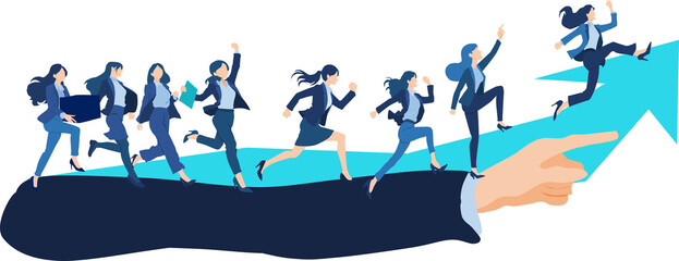 指さし下方向に進んでいく女性実業家のイラスト	
