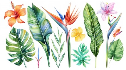 set of watercolor green leaves isolated