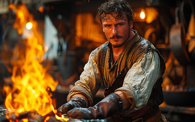 Obraz premium Expert Medieval Blacksmith Crafting with Forge Flame