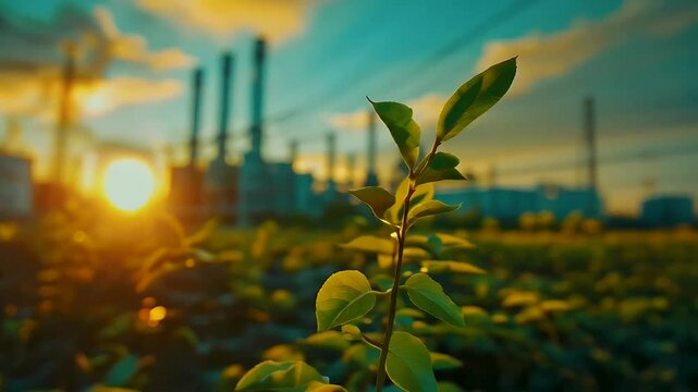 tree plant with power plant background sustainable concept