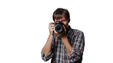 Smiling man photographer is taking images photo with dslr camera