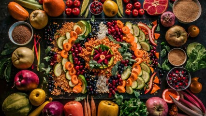 Naklejka premium A large table with a variety of fruits and vegetables arranged in different patterns, AI