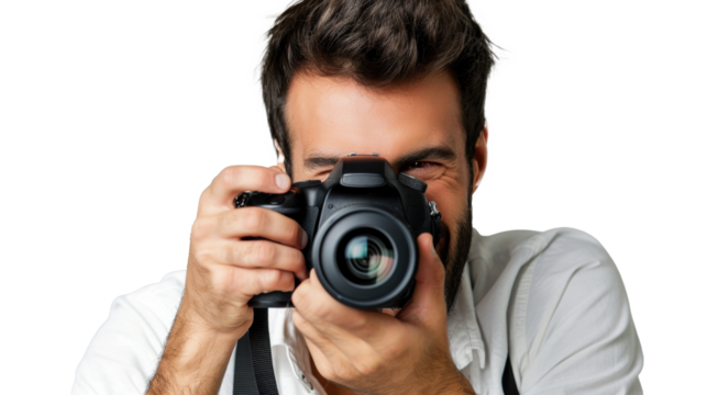 Smiling man photographer is taking images photo with dslr camera
