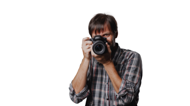 Smiling man photographer is taking images photo with dslr camera