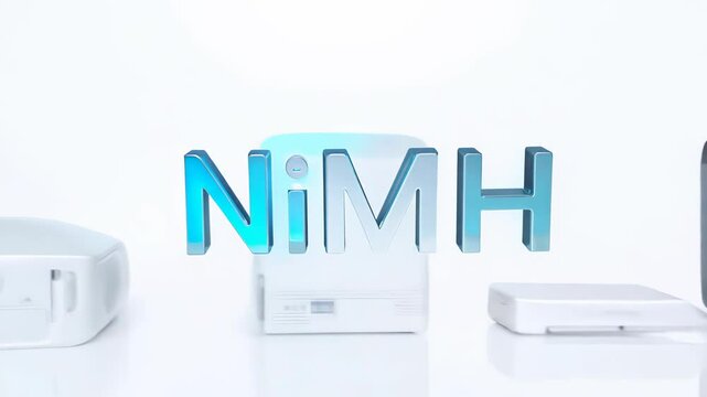 The inscription "NiMH" on a background of white devices, symbolizing nickel-metal hydride batteries and their use in electronics.
