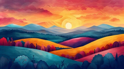Colorful landscape with rolling hills and a mix of vibrant hues creating a visually stunning scene ideal for microstock illustrations Illustration Flat Color, Clip Art Style , Minimalism,