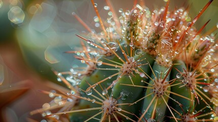 Fototapeta premium The droplets act as tiny magnifying glasses, distorting and reflecting the surroundings in a mesmerizing way, The contrast between the sharp, orange-tipped spines and the soft.