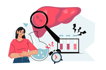 Fototapeta premium Patient with liver disease symptoms for liver exam, gastroenterologist and cancer prevention topics, flat vector illustration isolated on white background.