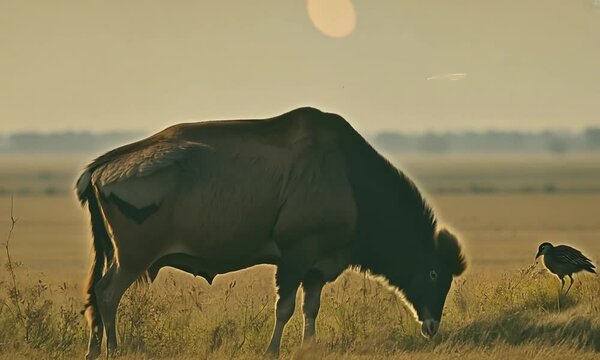 buffalo in the field at sunset