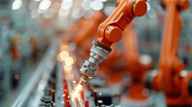An automated robotic arm engaged in welding on an assembly line within a factory, exemplifying the integration of advanced manufacturing technology for precision and efficiency.