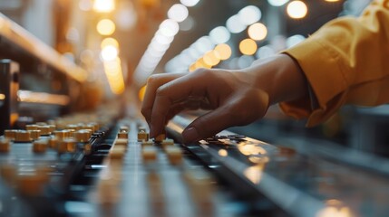 A hand pressing buttons on a sleek industrial control panel in a modern factory setting, demonstrating control, precision, and technological advancement in automation.