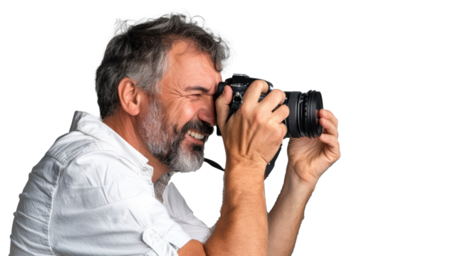 Smiling man photographer is taking images photo with dslr camera - Powered by Adobe