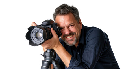 Smiling man photographer is taking images photo with dslr camera