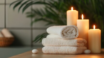 Spa Setting with Rolled Towels and Lit Candles..