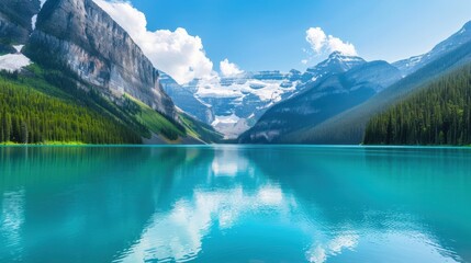 Scenic Mountain Lake with Clear Blue Water and Snowy Peaks..