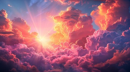 Fototapeta premium Surreal sky with colorful clouds and rays of light creating a magical and otherworldly atmosphere perfect for fantasy-themed illustrations Illustration Flat Color, Clip Art Style , Minimalism,