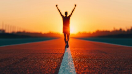 Runner Celebrating Victory at Sunset on Open Road..