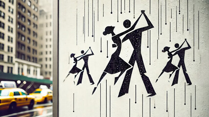 Silhouettes of dancing couples on a rainy city street mural, adding artistic flair to the urban environment and inspiring joy and movement amidst the daily hustle and bustle of city life.