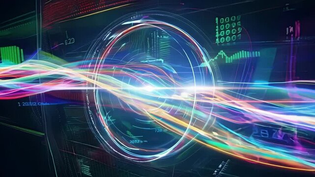 An abstract depiction of financial data being analyzed and crossreferenced in real time by advanced surveillance systems represented by swirling colors and patterns.