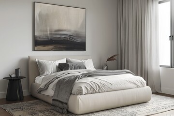 Modern bedroom interior design with stylish bed and abstract painting