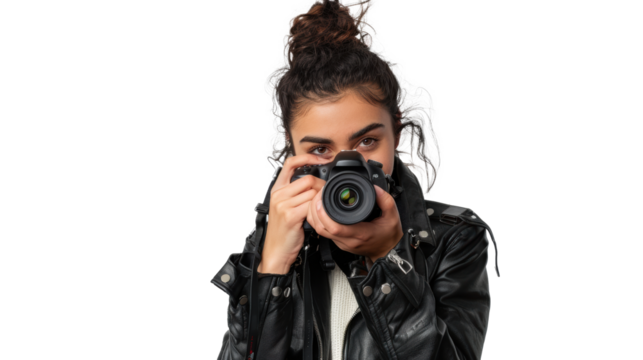 Smiling woman photographer is taking images photo with dslr camera