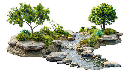 Winding river flowing through green picturesque landscape, cut out