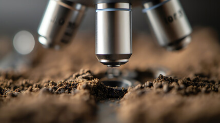 A detailed image of a microscope examining soil samples, highlighting the precision and care in scientific research. The focus on the soil particles showcases the importance of soil analysis.