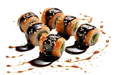 Delicious sushi rolls in soy sauce splashes, cut out