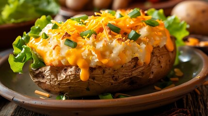 Warm baked potato with melted cheddar and lettuce on top