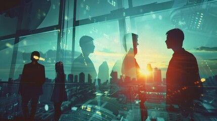 Silhouette of corporate individuals collaborating in an office. Teamwork and partnership concept. Double exposure with network effects
