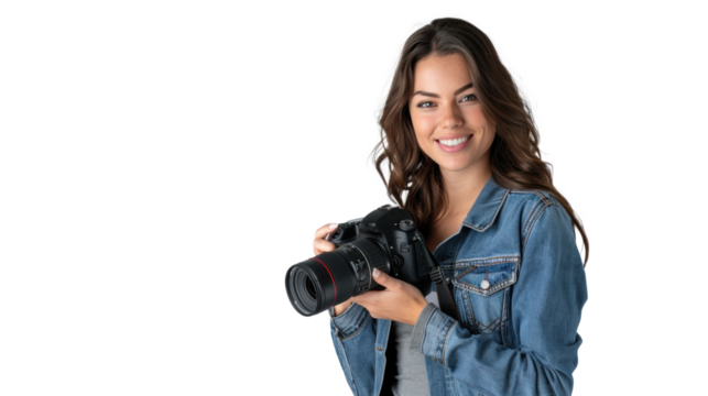 Smiling woman photographer is taking images photo with dslr camera