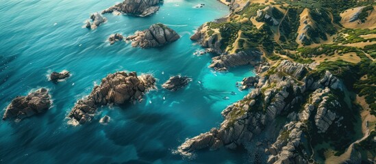 Fototapeta premium Aerial View of Rugged Coastline with Turquoise Waters
