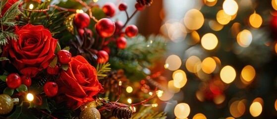 Christmas Decoration with Red Roses and Festive Lights