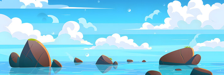 Sea landscape with blue sea water and clouds in blue sky cartoon illustration