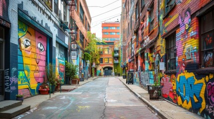 A pedestrian street with colorful murals on building walls and graffiti art