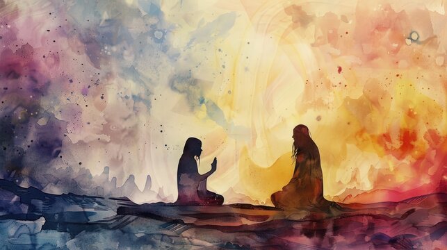 Watercolor illustration for guru purnima with a silhouette of guru blessing a disciple.