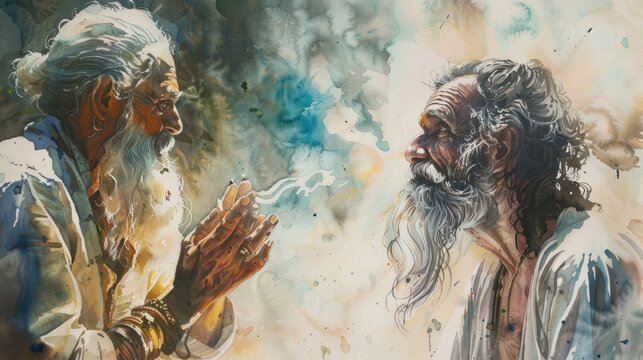 Watercolor illustration for Guru Purnima with sage and. disciple.