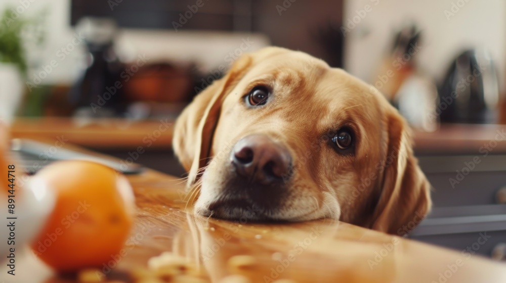 Poster A persistent labrador retriever stealing food from the counter, ignoring training commands