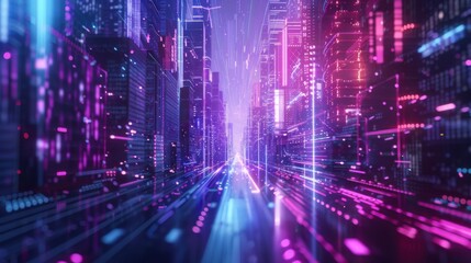 Futuristic Cyber Attack: Digital Virus in Neon Sci-Fi Cityscape