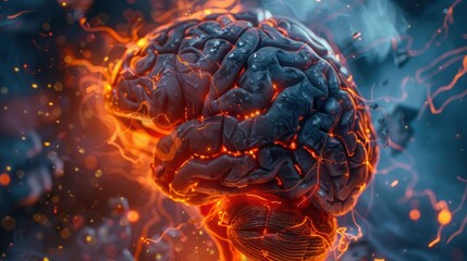 A brain with red and orange veins and a blue background. The brain is glowing and he is on fire