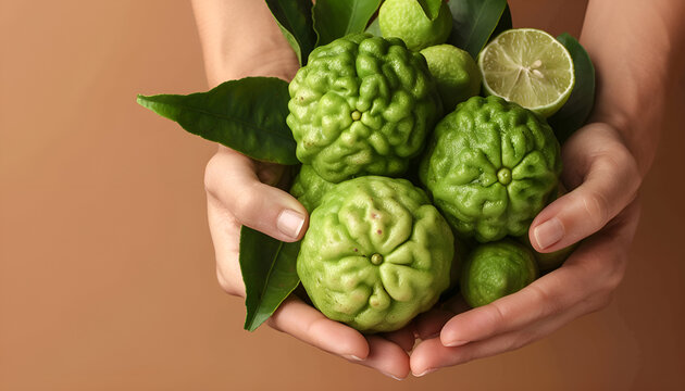 Woman holding pile of fresh ripe bergamot fruits on brown background, closeup. Space for text