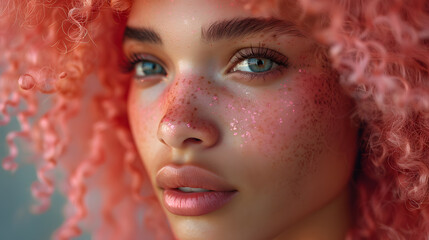 Obraz premium Pink curly hair African girl closeup portrait