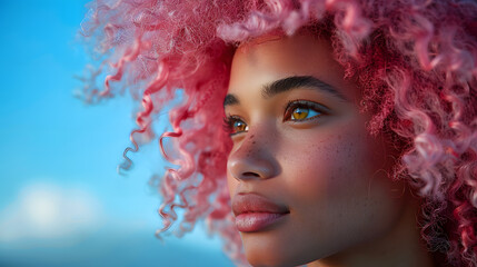 Fototapeta premium Pink curly hair African girl closeup portrait