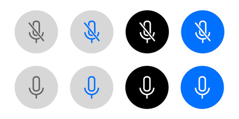 Mic icon set. Mute Microphone sign. Karaoke mic pictogram. Voice illustration. Record symbol. Grey, blue and black button.