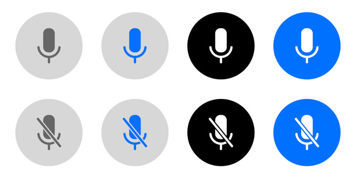 Mic icon set. Mute Microphone sign. Karaoke mic pictogram. Voice illustration. Vocal symbol. Grey, blue and black button.